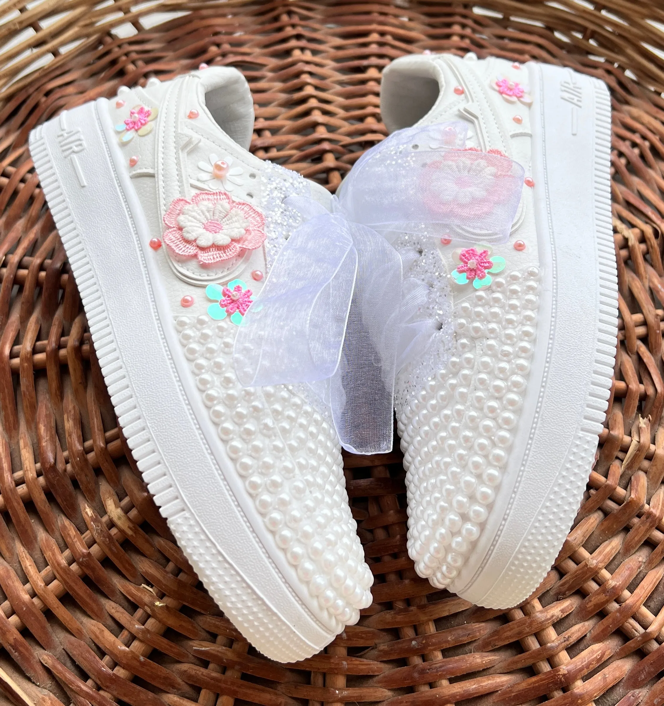 Funky N Trendy white pearl work sneakers with pink floral detailing / bridal sneakers/ sneaker for bride / white sneakers/ pearl sneakers for bride