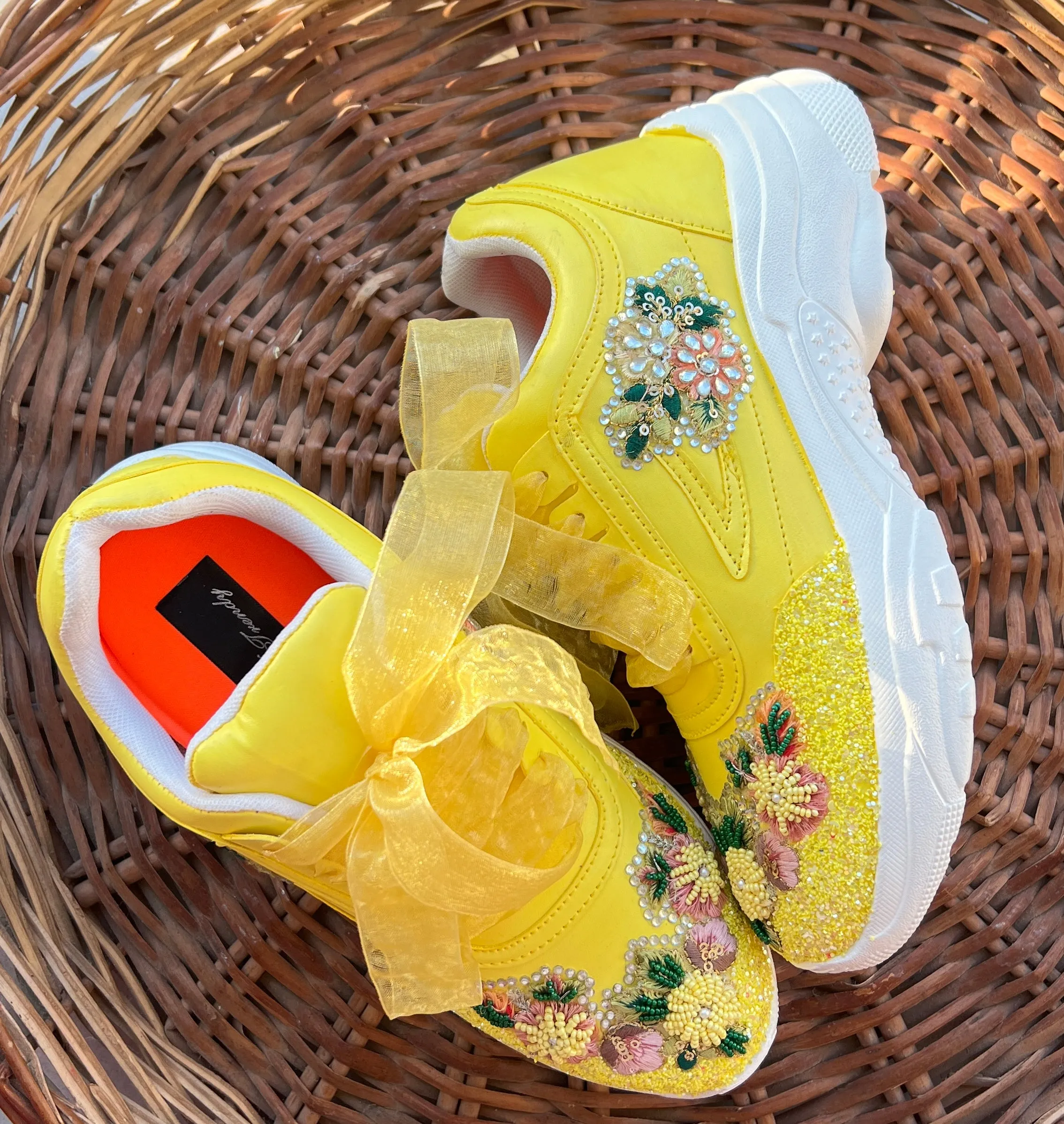 FUNKY N TRENDY yellow embroidery sneakers for brides /yellow embroidered sneakers/ handcrafted sneakers/ floral sneakers / bridal sneakers / bridesmaid sneakers/ yellow hand work sneakers/haldi sneakers