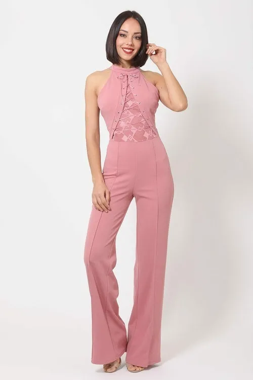 Halter Neck Flared Full Leg Length Jumpsuit