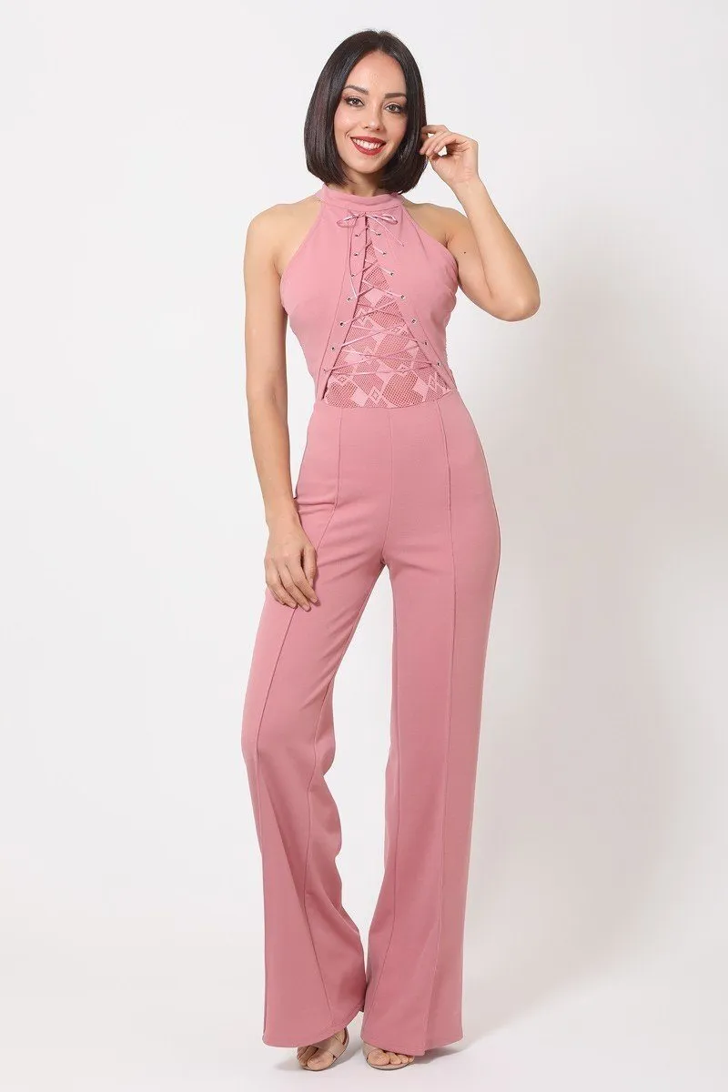 Halter Neck Flared Full Leg Length Jumpsuit