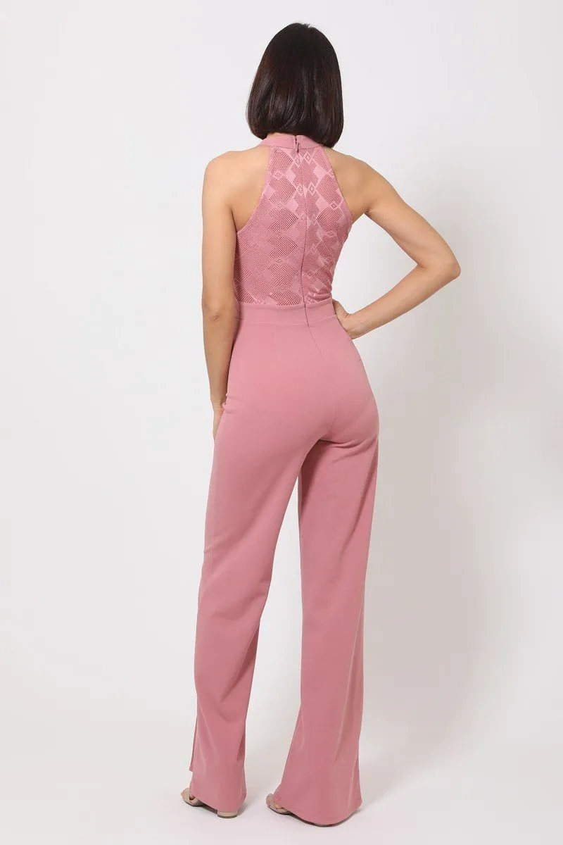 Halter Neck Flared Full Leg Length Jumpsuit