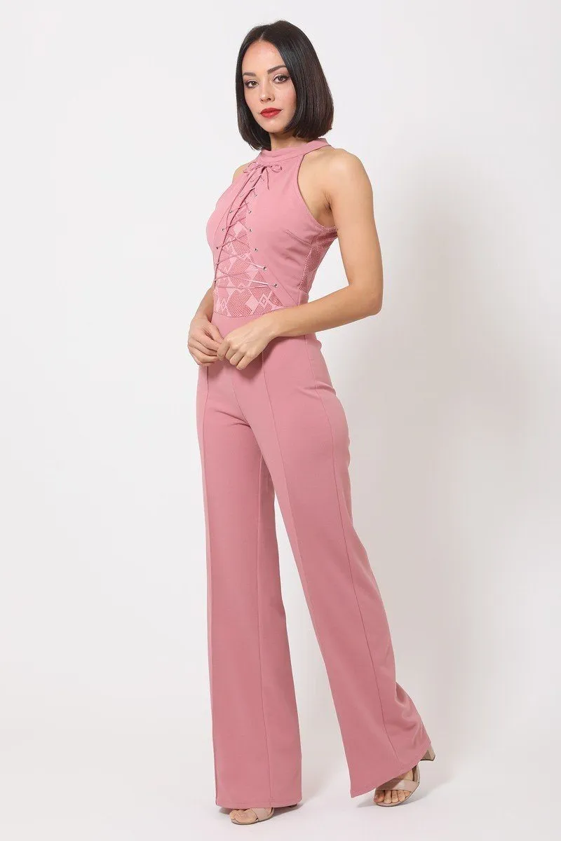 Halter Neck Flared Full Leg Length Jumpsuit