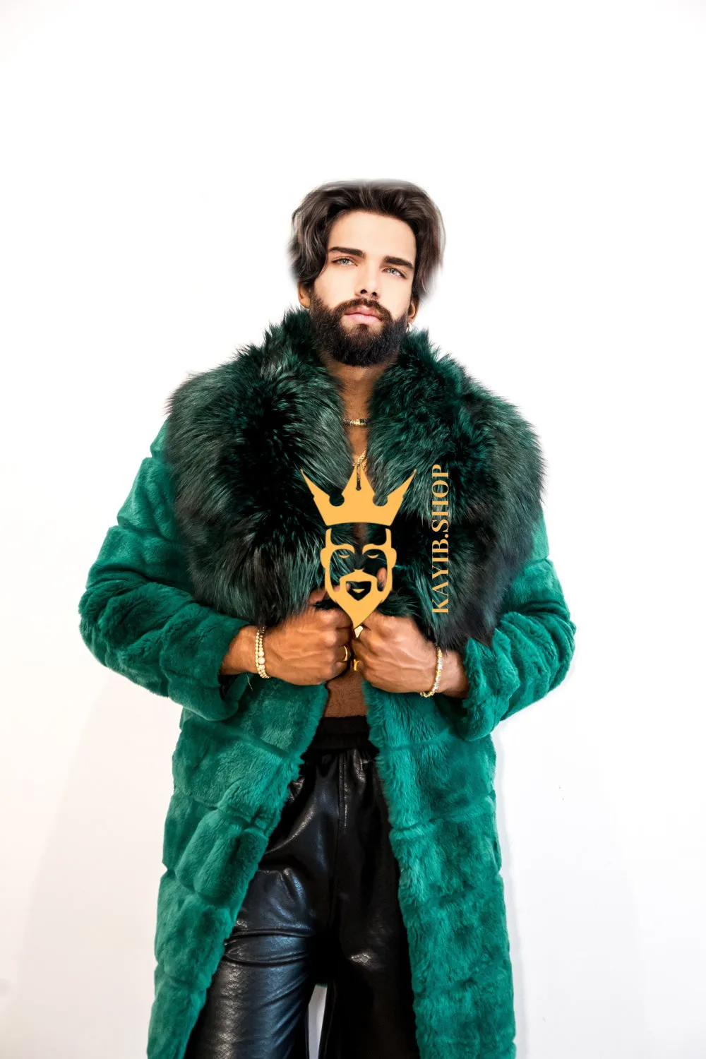 Handmade Luxury Winter Men's Rex Rabbit Fur Coat with Super Large Raccoon Collar - Premium Fashion coat