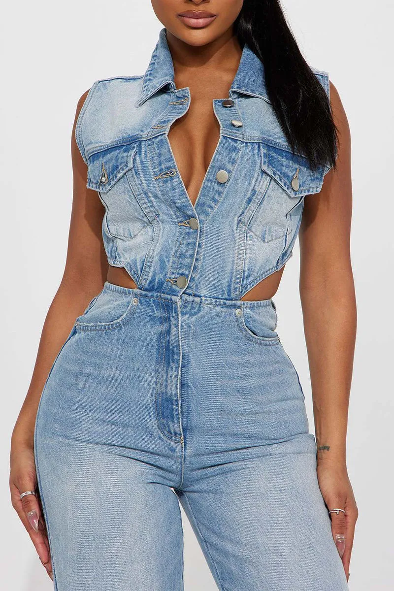 JS3445 Sleeveless Denim Jumpsuits