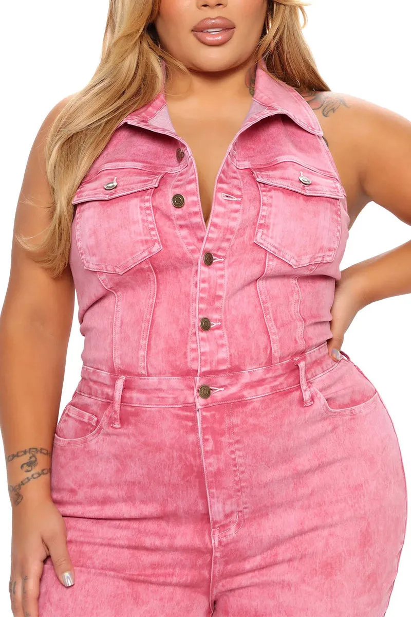 JS3447 Halter Denim Jumpsuits