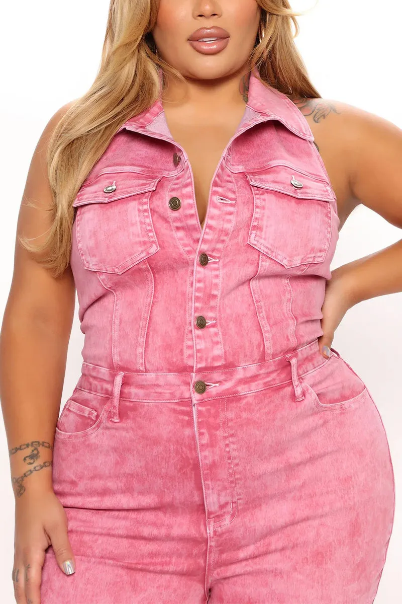 JS3447 Halter Denim Jumpsuits