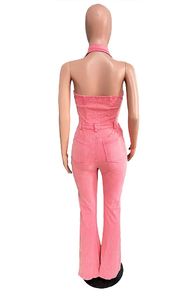 JS3447 Halter Denim Jumpsuits