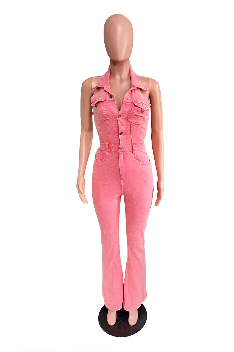 JS3447 Halter Denim Jumpsuits