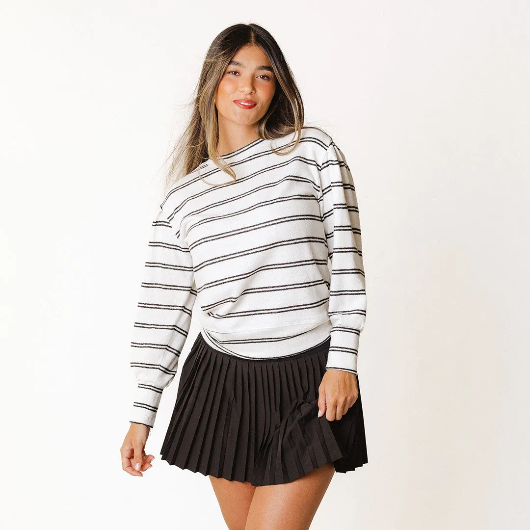 Long Sleeve Sweater, Cream and Black Stripe