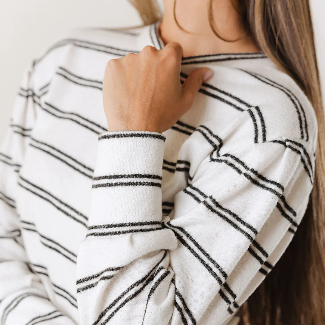 Long Sleeve Sweater, Cream and Black Stripe