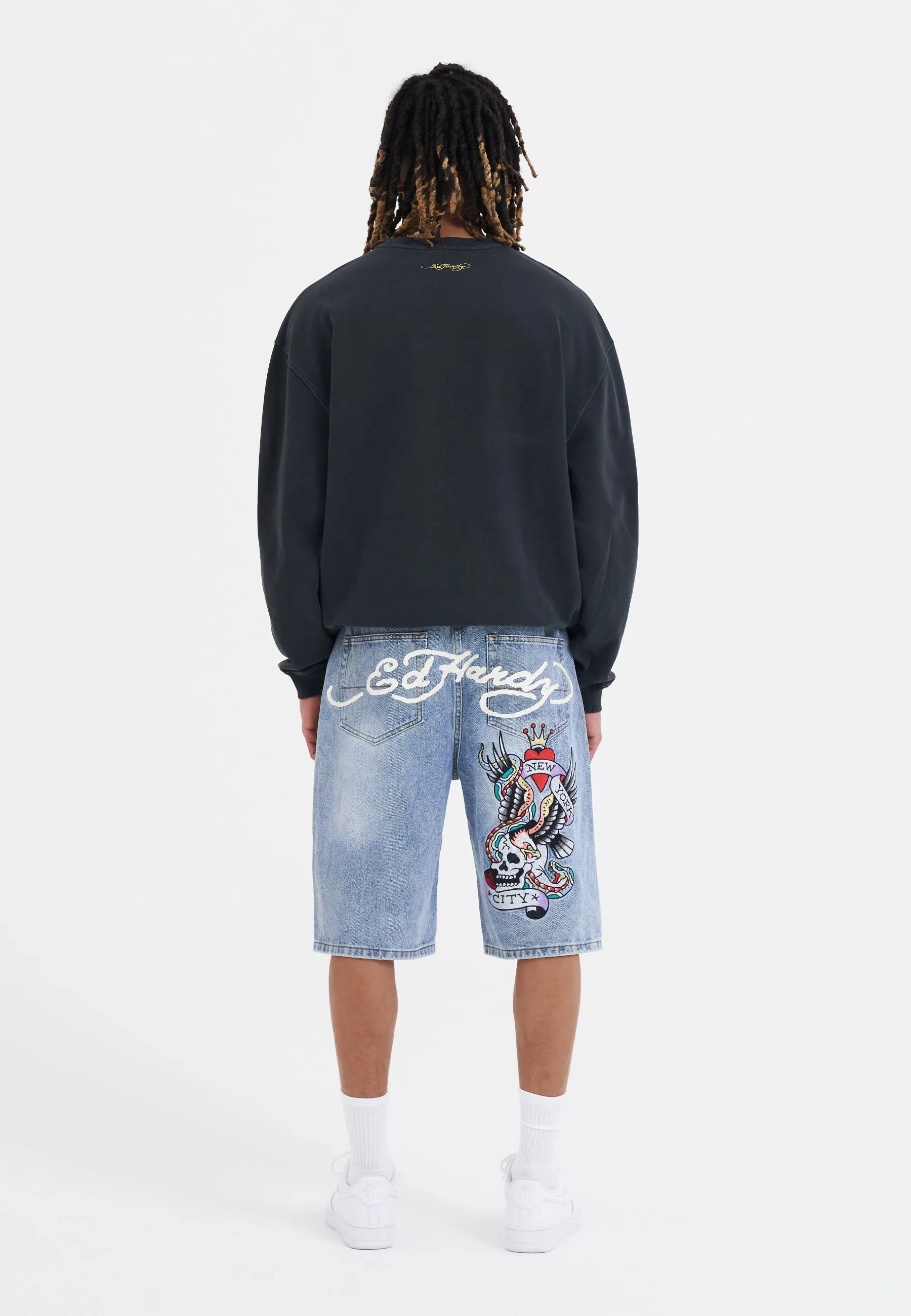 Mens Nyc Skull Denim Jorts Shorts - Bleach