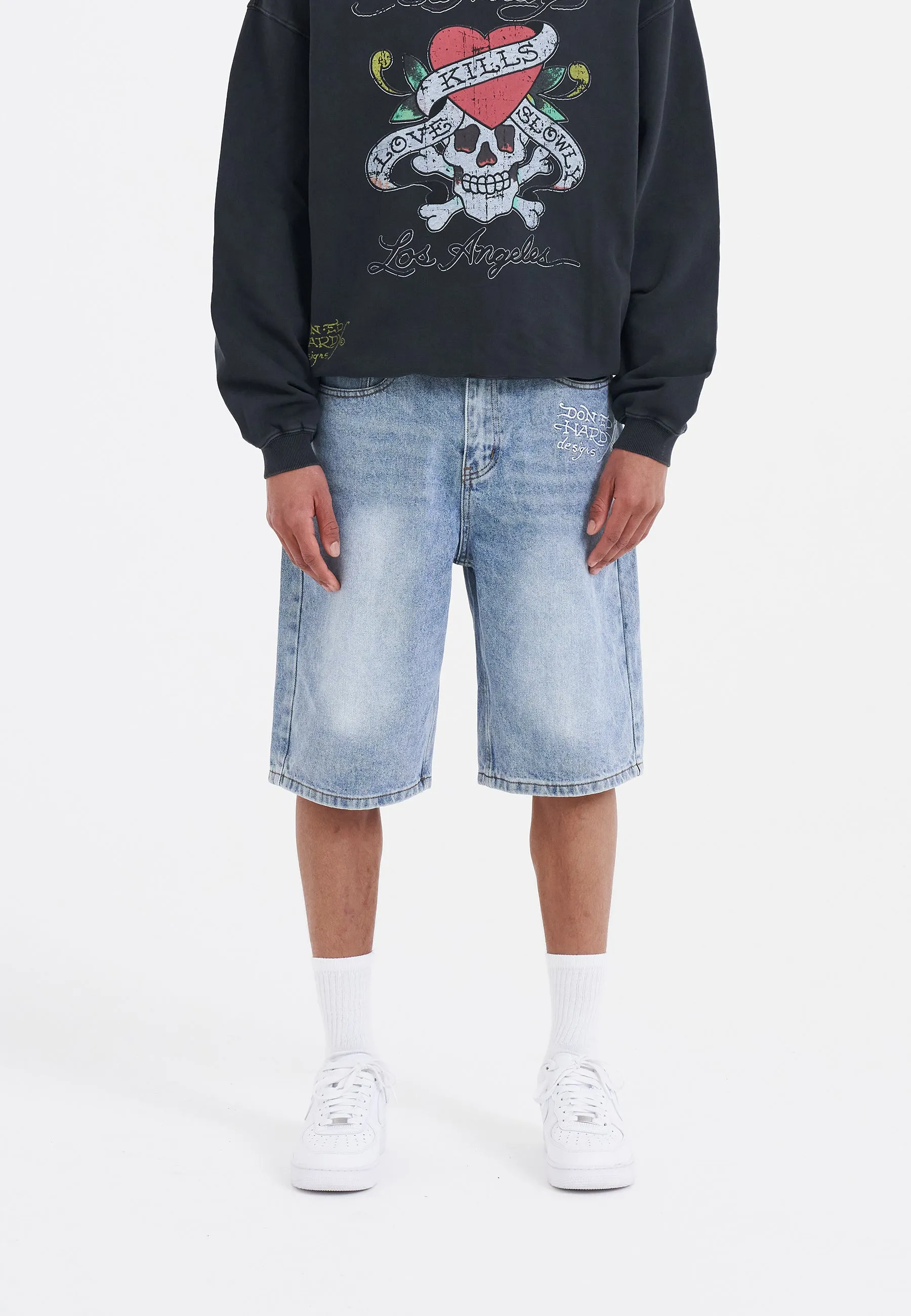 Mens Nyc Skull Denim Jorts Shorts - Bleach