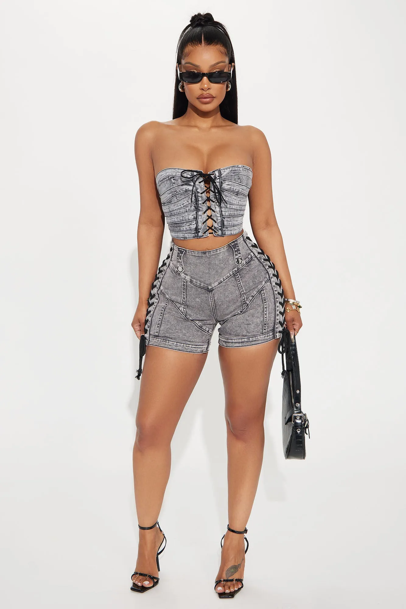 Most Likely Lace Up Stretch Denim Shorts - Grey