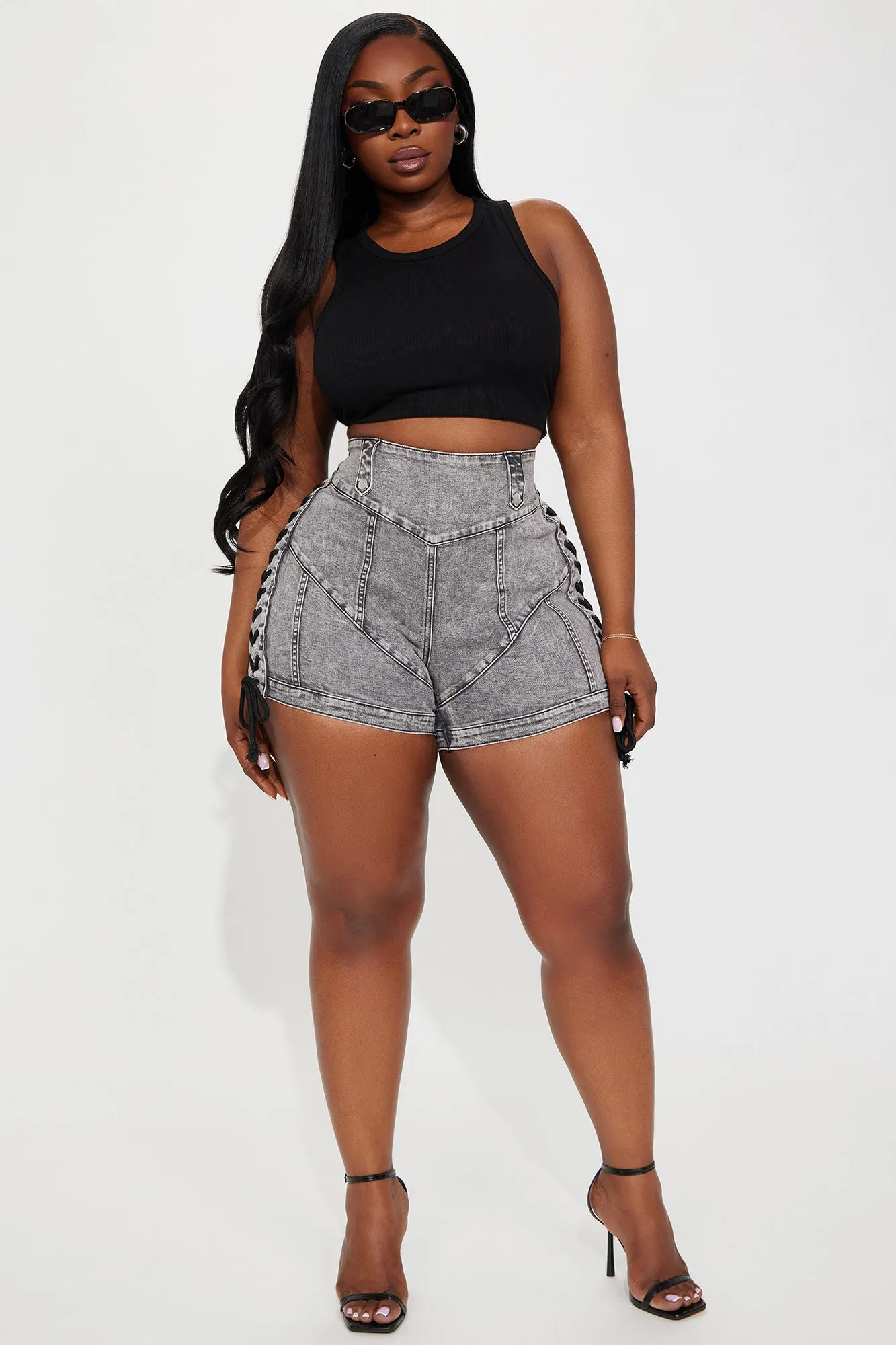 Most Likely Lace Up Stretch Denim Shorts - Grey