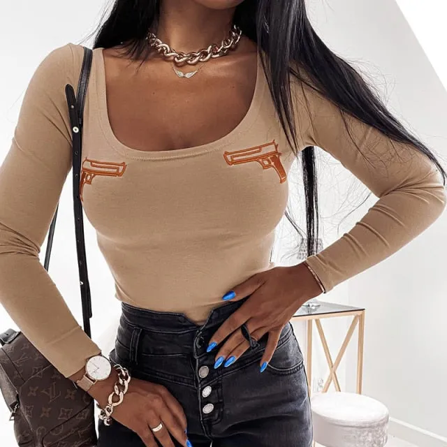 OMSJ Casual Trendy Gun Embroidery Rompers Long Sleeve U Neck Bodycon Ladies Bodysuit 2020 Fall Winter Daily Streetwear Jumpsuits