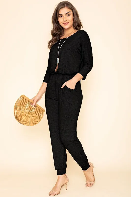 Quarter Sleeve Boat Neck Blouson Jumpsuit