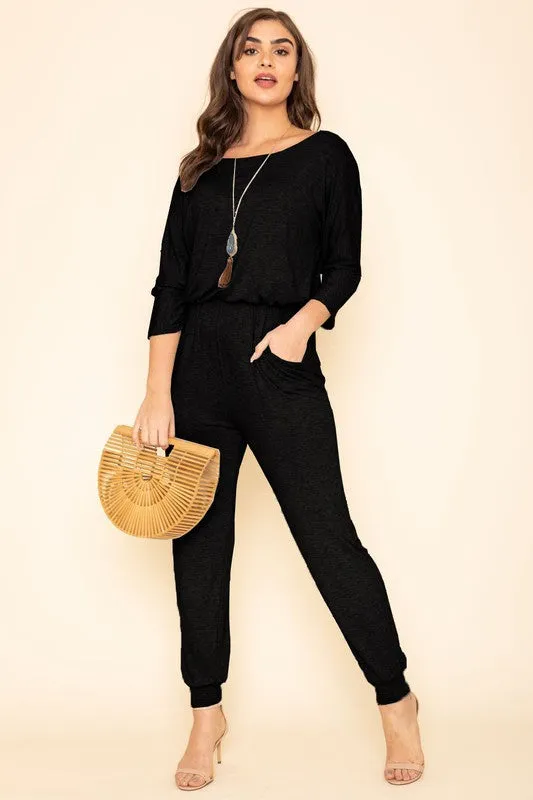 Quarter Sleeve Boat Neck Blouson Jumpsuit