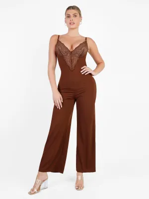 Shapewear Lace Deep V-Neck Sculpting Wide Leg Jumpsuit