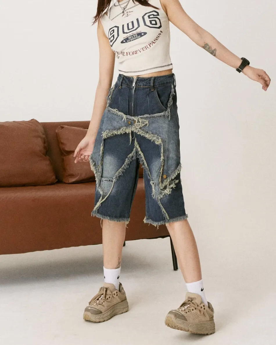 Star Patch High-Waisted Denim Shorts