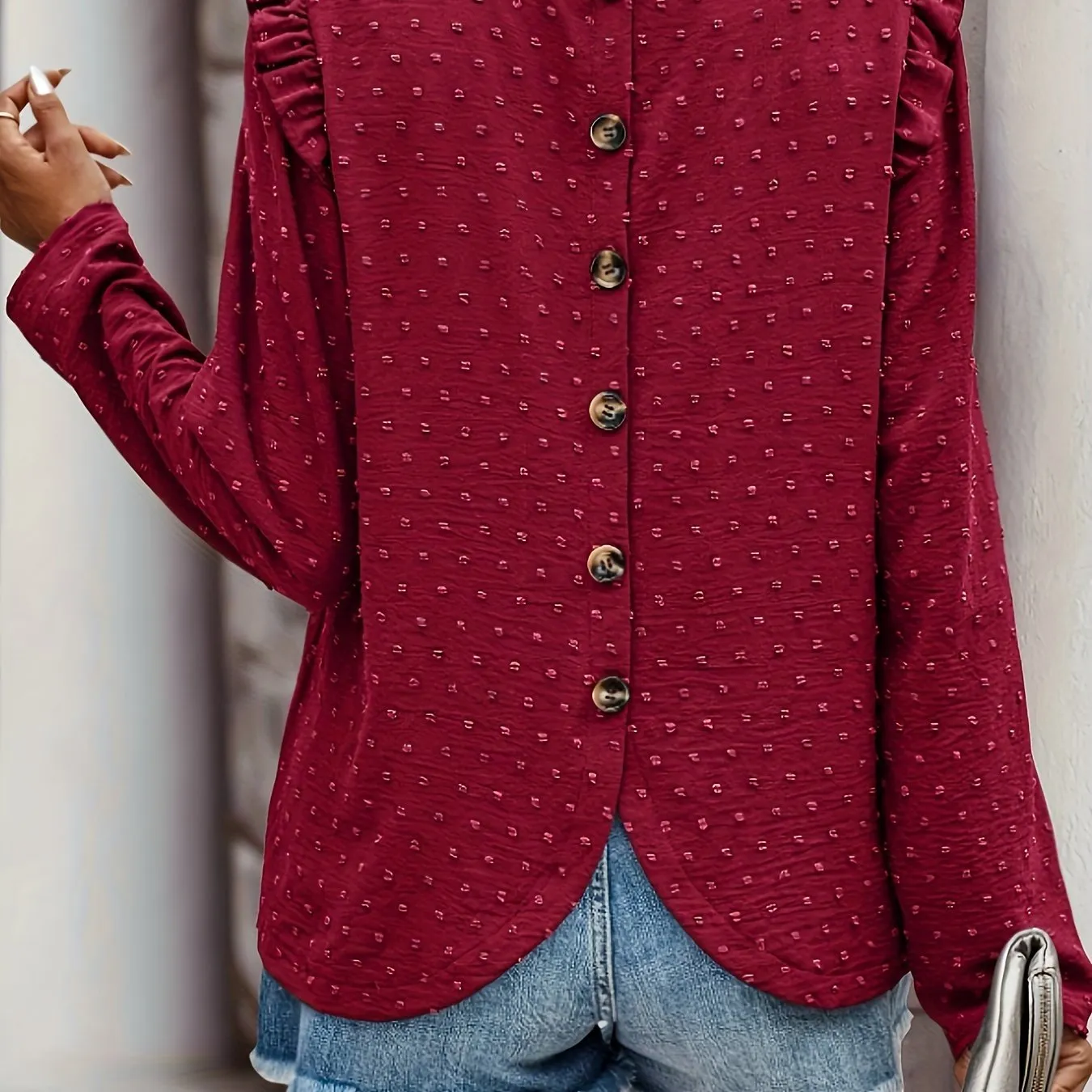 Swiss Dot Button Blouse Casual Spring  Fall Fashion for Women