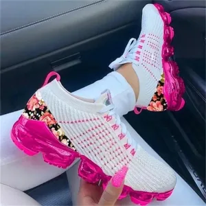 Trendy Knitted Fabric Floral Lace Up Running Sneakers