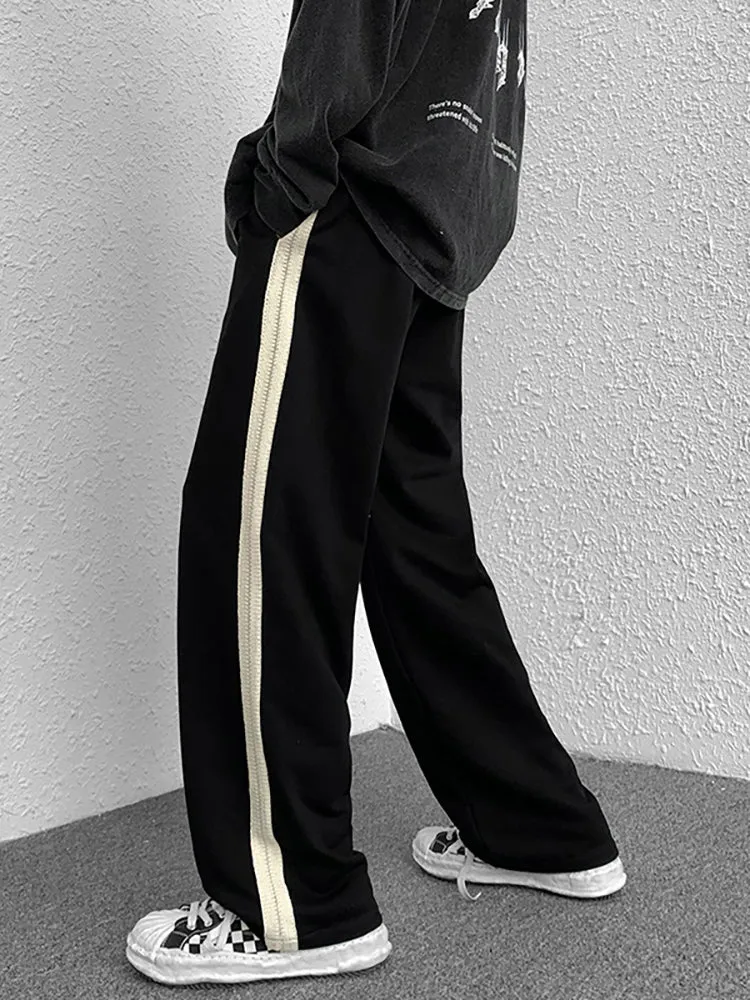 Trousers Men Side Seam Stripe Elastic Waist Casual Sweatpants Straight Pants