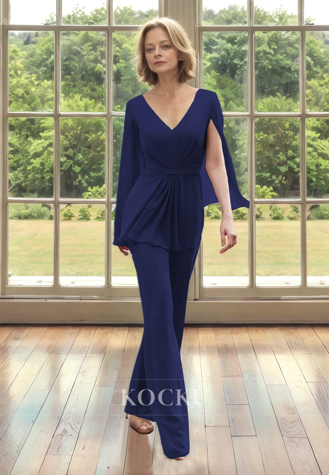 V-Neck Sheath Pantsuits Two Piece Pleats Chiffon Cocktail Dress with Beads Mother of Groom