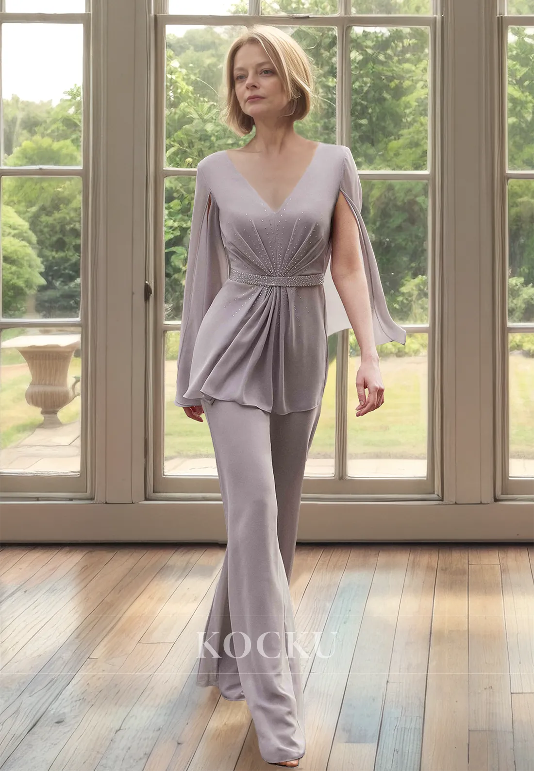 V-Neck Sheath Pantsuits Two Piece Pleats Chiffon Cocktail Dress with Beads Mother of Groom