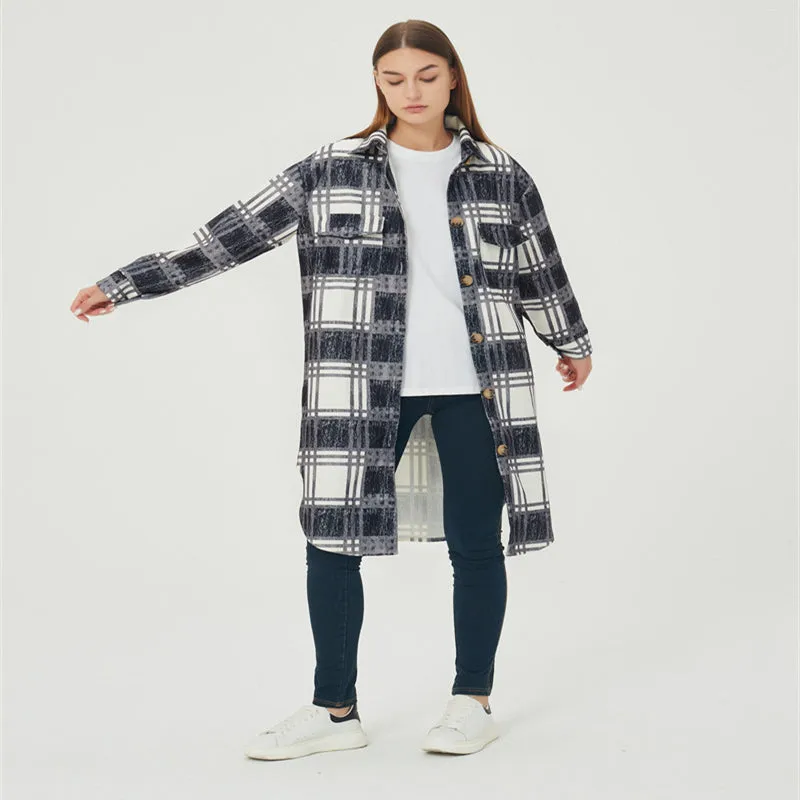 Womens Autumn Winter Lounge Long Sleeved Plaid Mid-length Jacket